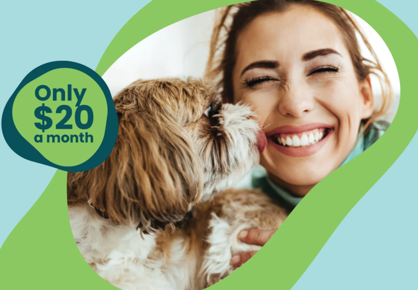 A woman holding a small dog while it licks her cheek. A woman holding a small dog while it licks her cheek.