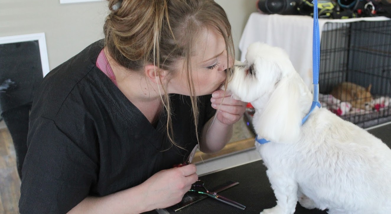 Groomer and dog sharing a nose kiss