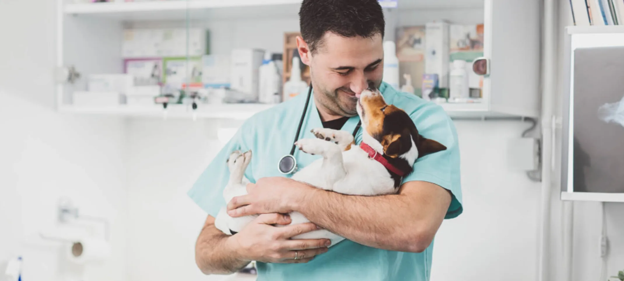 Veterinarian Holding a Small Dog & Touching Noses