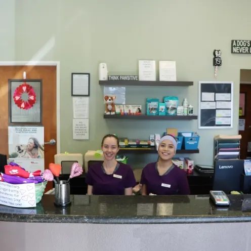 Happy front desk employees Kelly and Jackie.