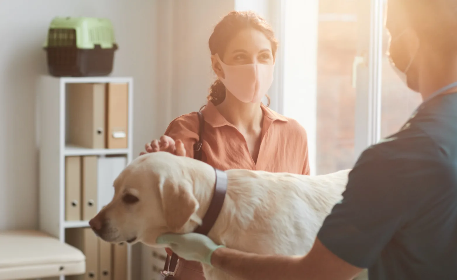 Veterinarian and client wearing masks and discussing dog's health