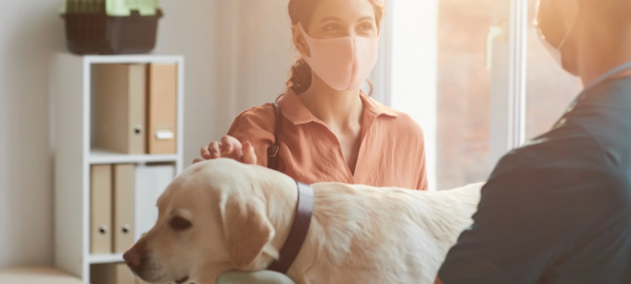 Veterinarian and client wearing masks and discussing dog's health Veterinarian and client wearing masks and discussing dog's health