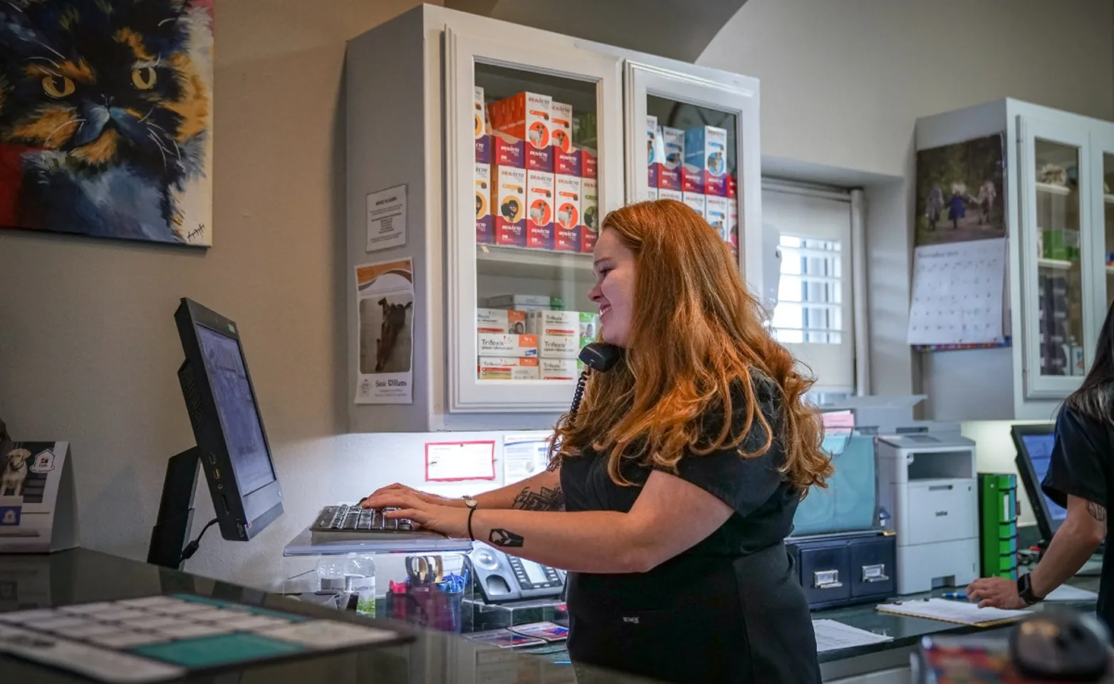 staff on the phone and computer staff on the phone and computer