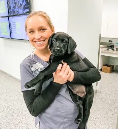 Ann Branham smiling holding a Black Lab puppy Ann Branham smiling holding a Black Lab puppy