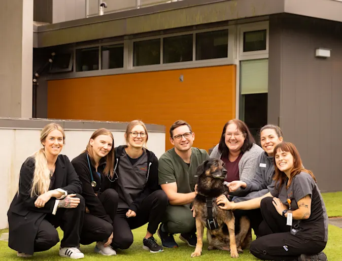 Staff kneeling down in a group around Charli outside in the grass