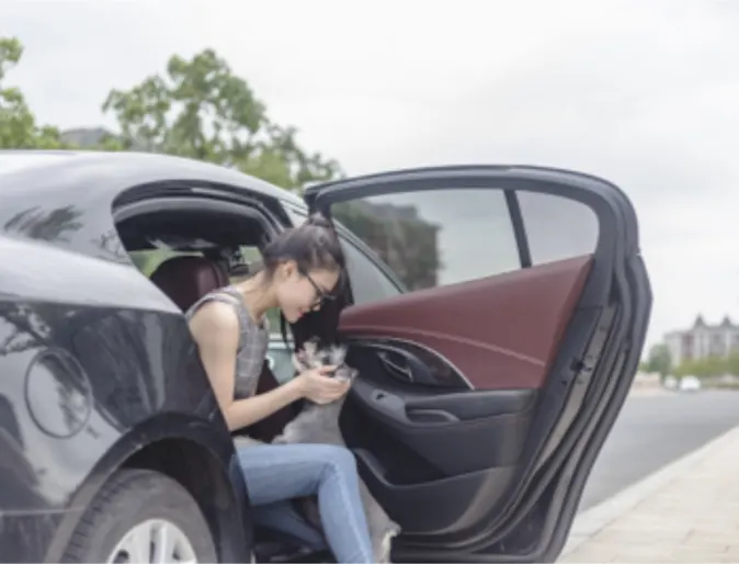 A girl with her dog, sitting in a parked car with the door open A girl with her dog, sitting in a parked car with the door open