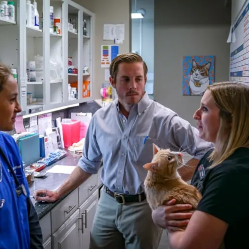 3 staff members talking with a cat