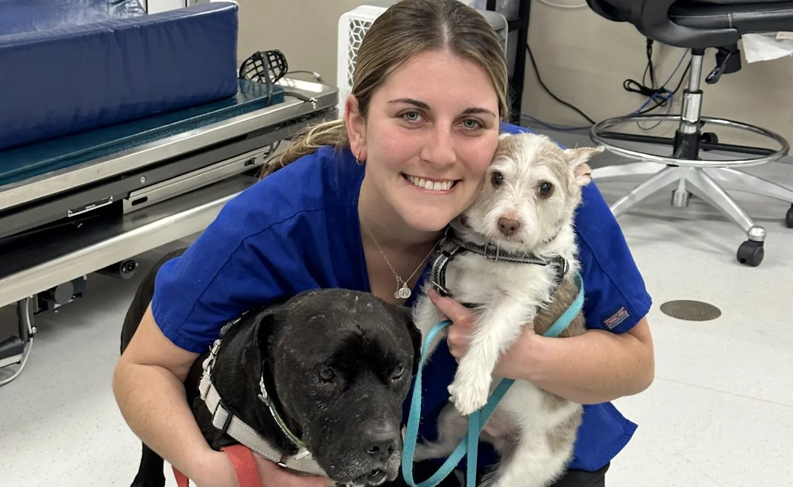 Staff hugging two dogs Staff hugging two dogs