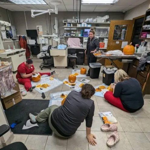 Staff Members Carving Pumpkins Together Staff Members Carving Pumpkins Together