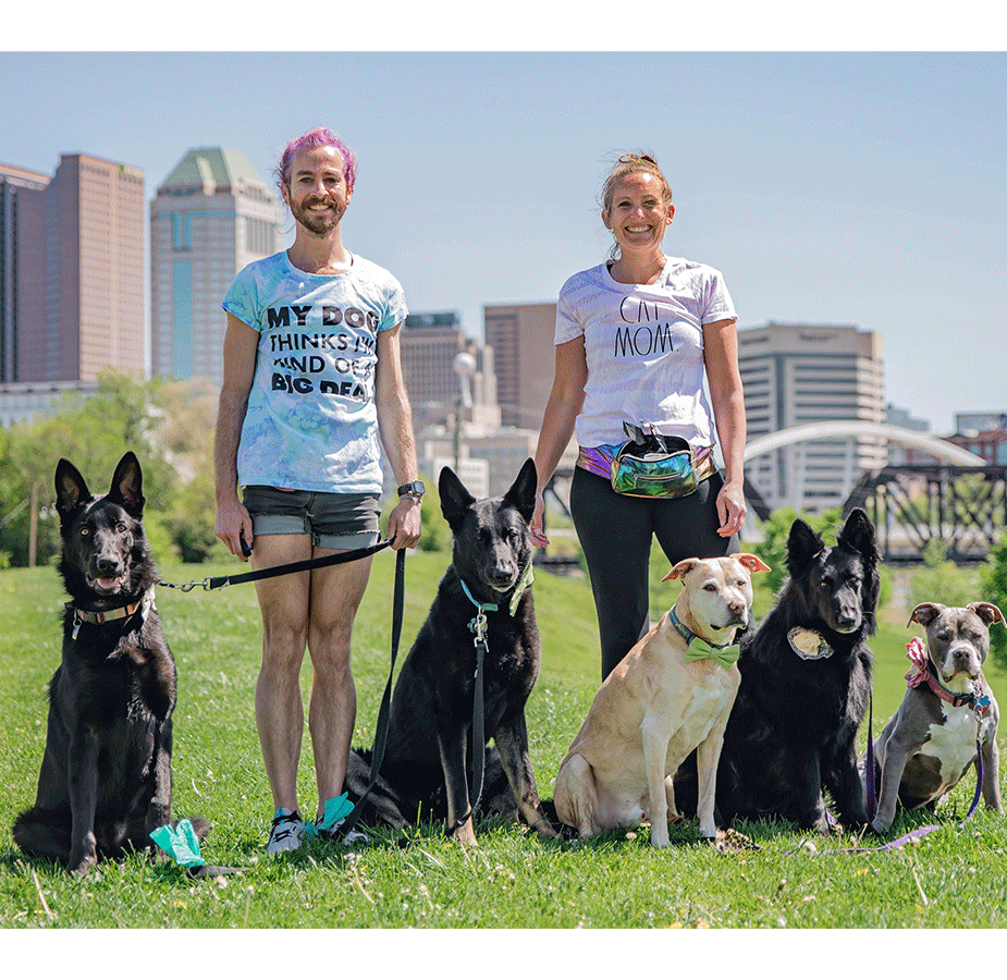 Effy with someone holding dogs on leasehes at the park