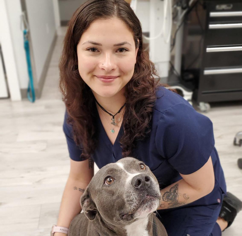 A veterinary employee posing with a smiling pitbull
