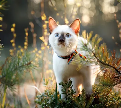 White cat surrounded by pine needles White cat surrounded by pine needles