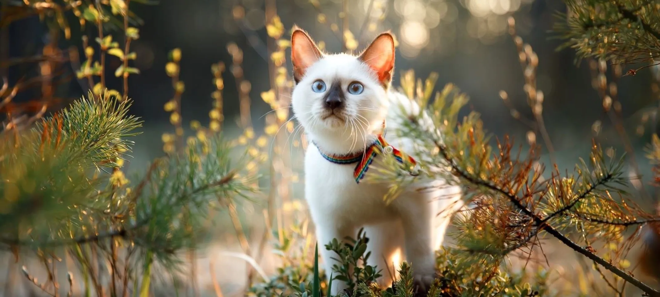 White cat surrounded by pine needles White cat surrounded by pine needles