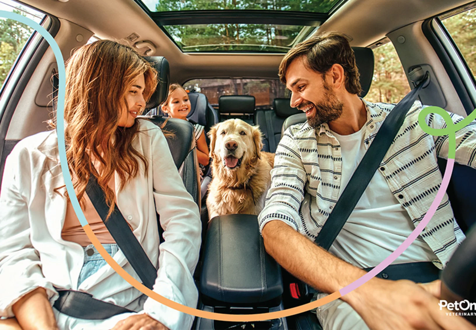 A family and dog sitting in the car seemingly ready for a drive. A family and dog sitting in the car seemingly ready for a drive.