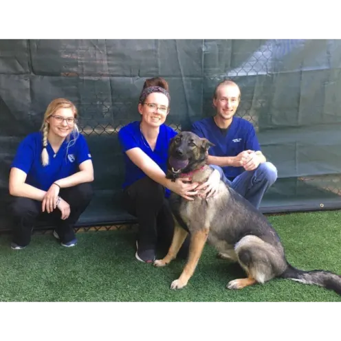 Three staff members Sitting with a dog