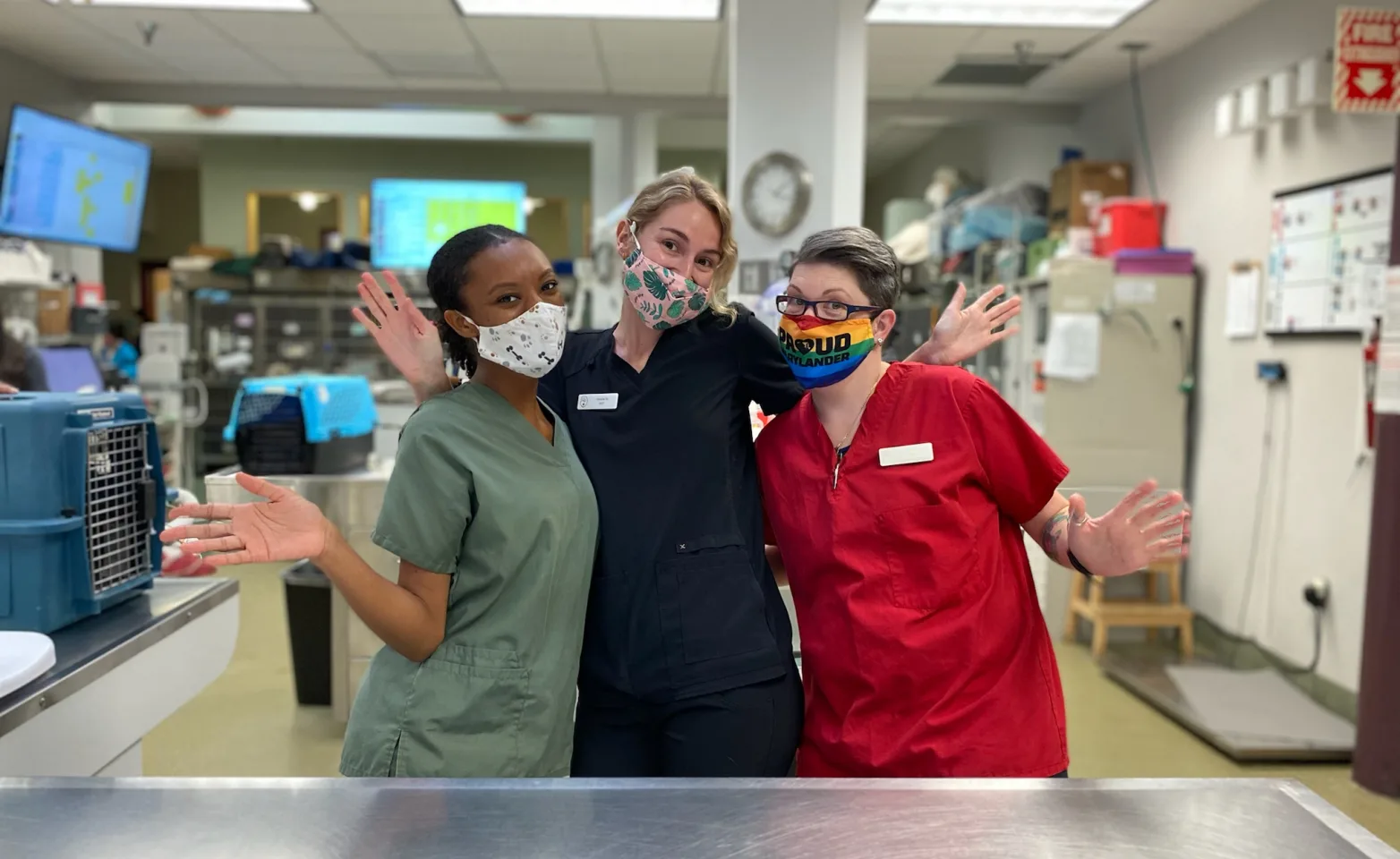 Three masked veterinary technicians stand side by side in DCES ICU treatment area, spreading jazz hands. Their posture invites others to join their team, exuding enthusiasm and welcome.