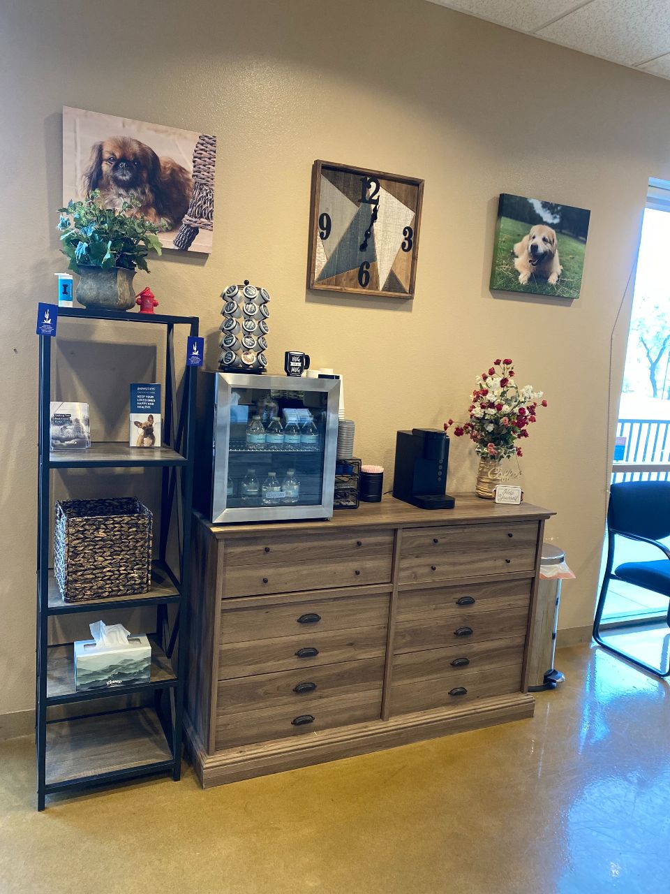 Black shelf and wooden drawers.