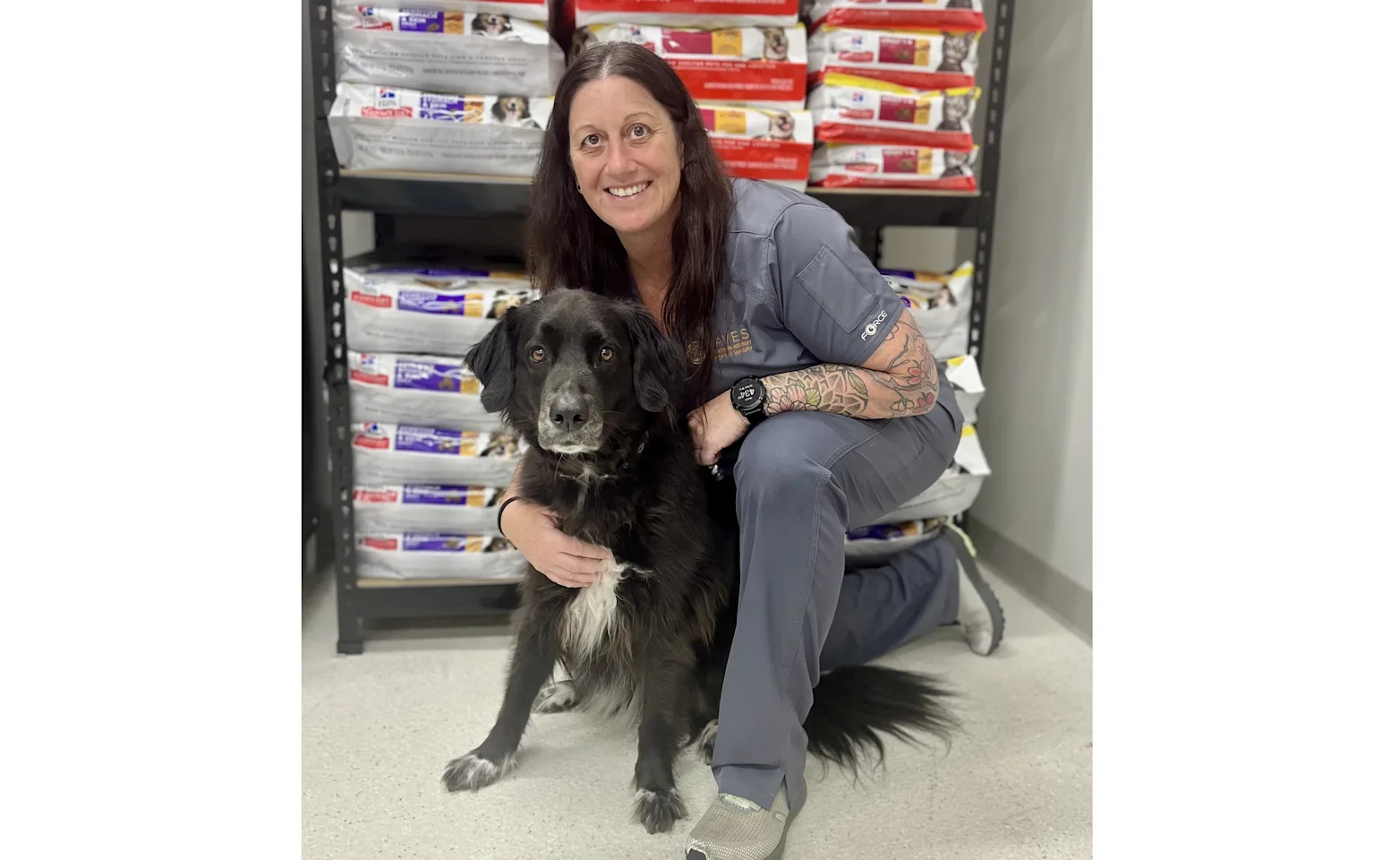 Veterinary staff member hugging dog Veterinary staff member hugging dog