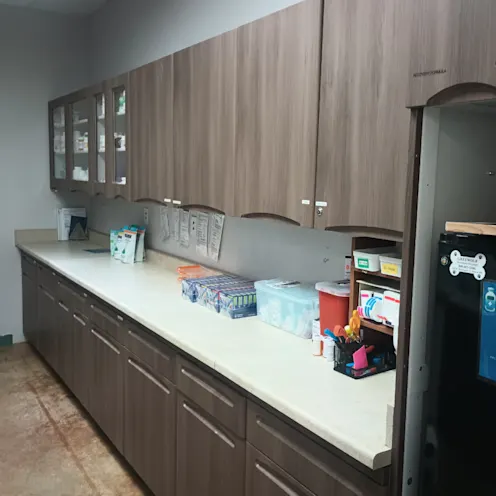 Updated pharmacy area with wooden cabinets and supplies Updated pharmacy area with wooden cabinets and supplies