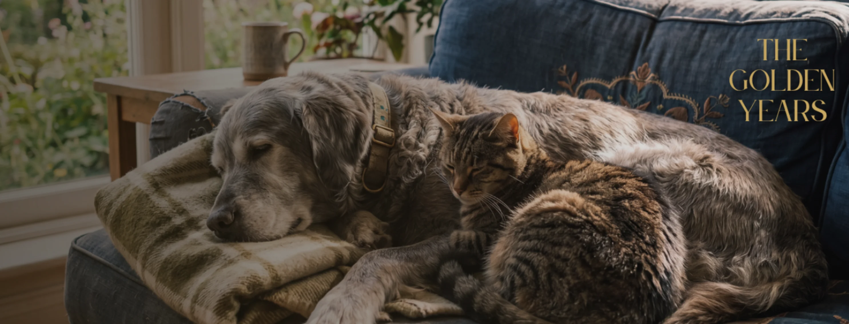 A Senior Dog & Cat Sleeping Together on a Blue Couch A Senior Dog & Cat Sleeping Together on a Blue Couch