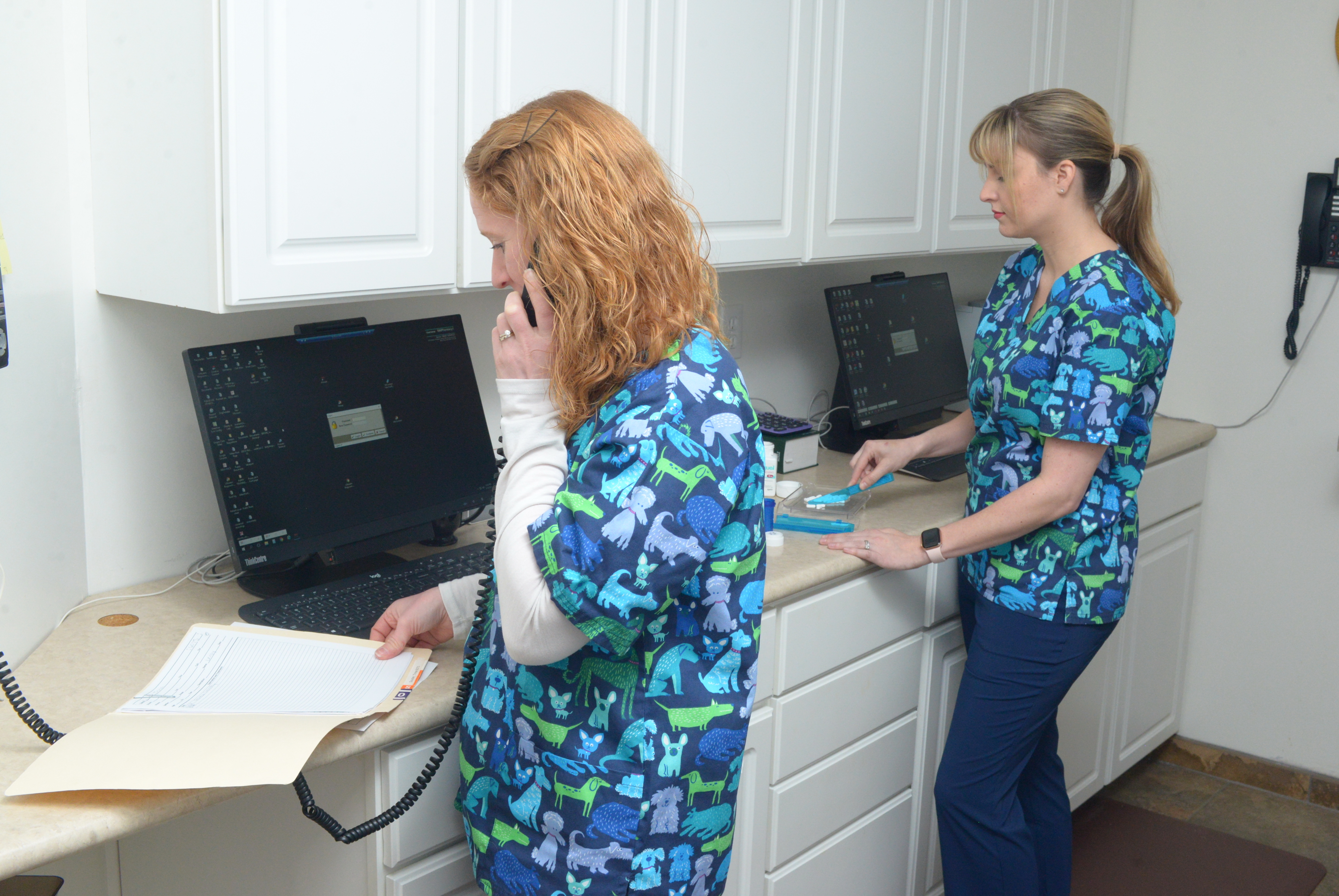 Two veterinary staff standing at computers while one is answering a phone