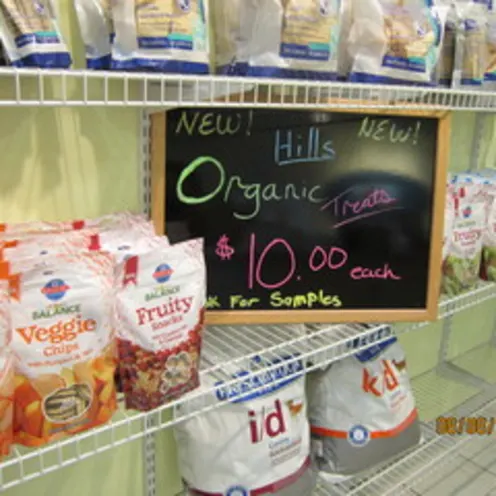Organic pet food on shelving at Quail Hollow Animal Hospital