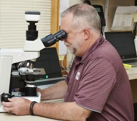 A doctor looking into a microscope