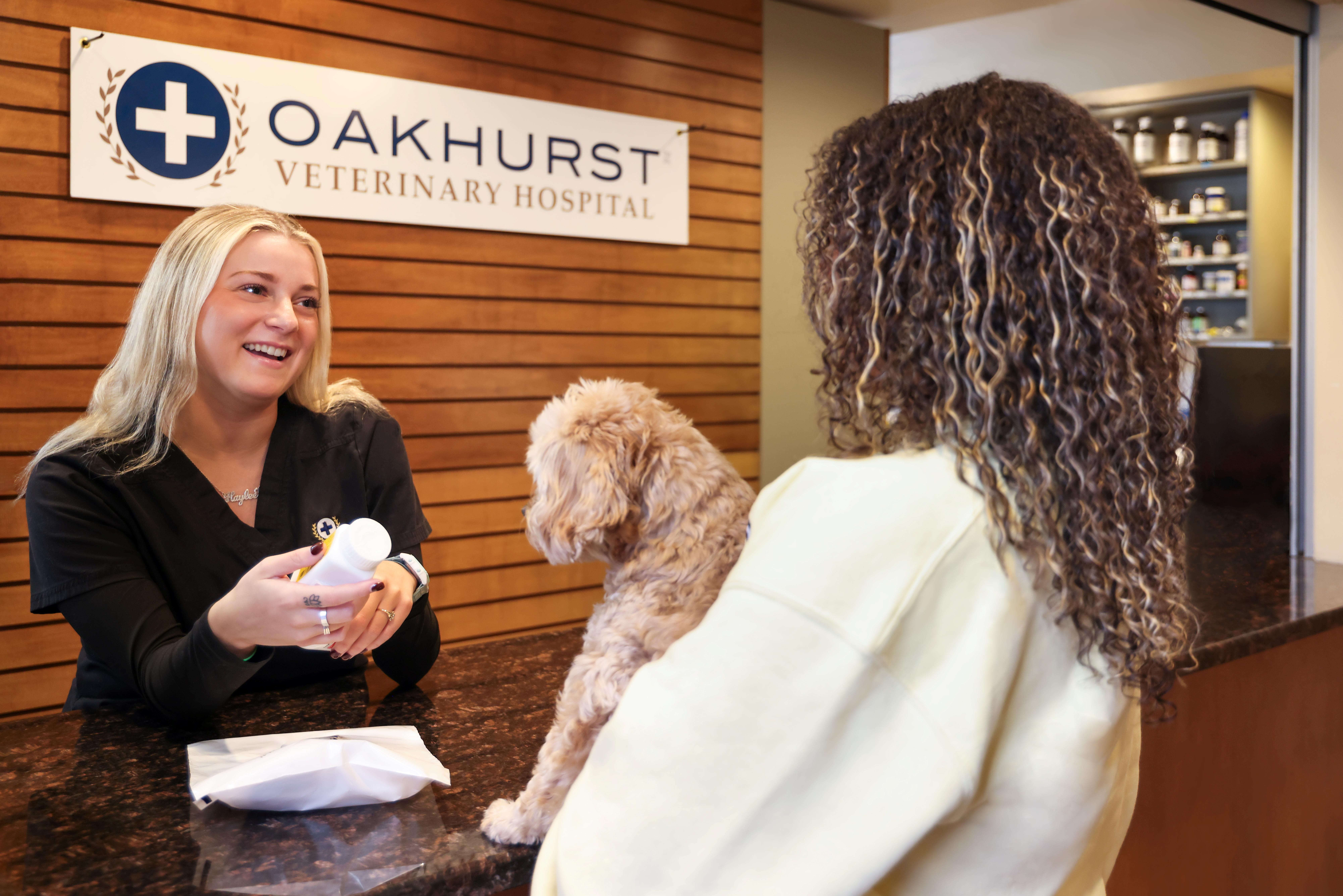 Staff member reviewing medication with owner