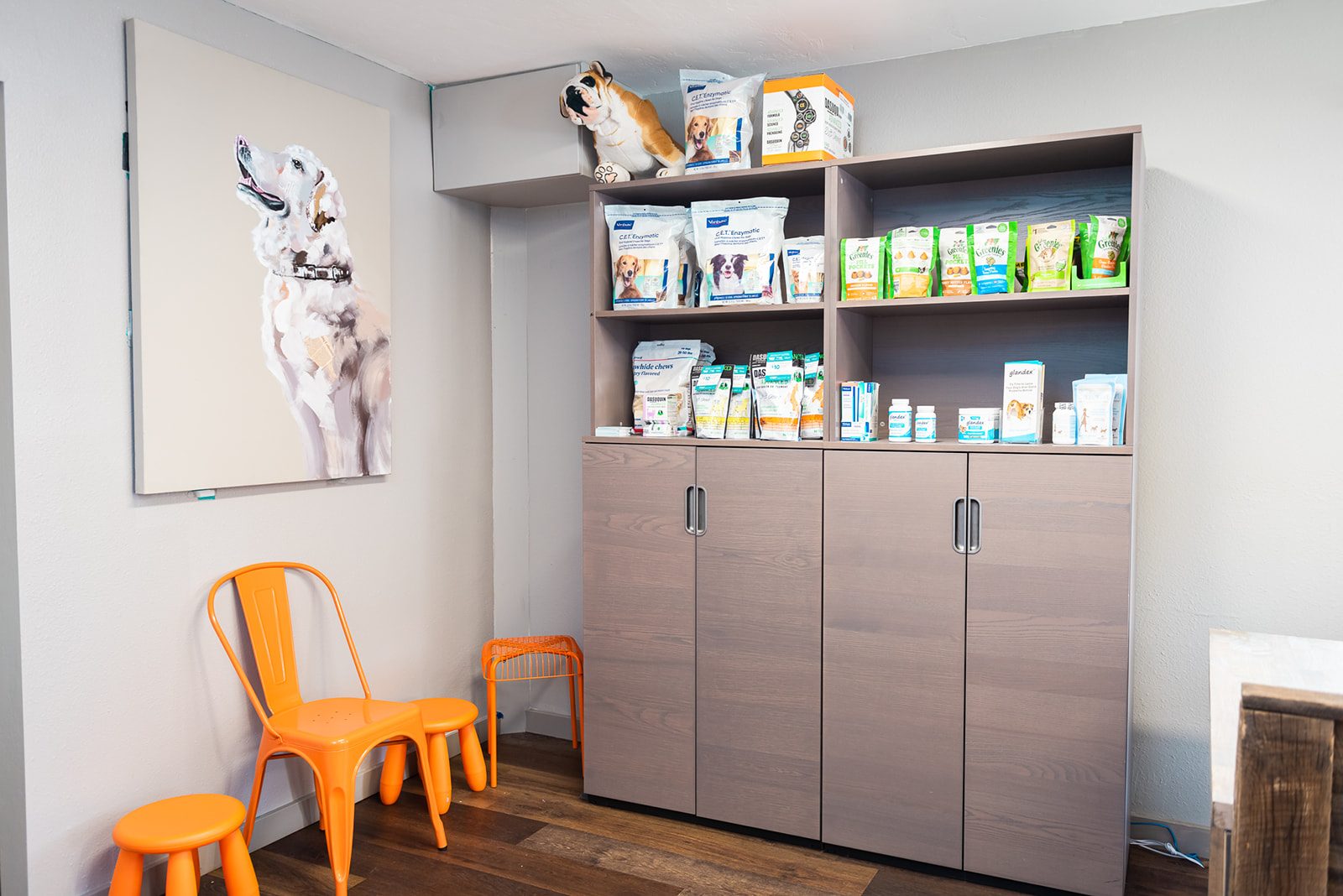Waiting area and shelving with dog medication at The Valley Veterinary Hospital