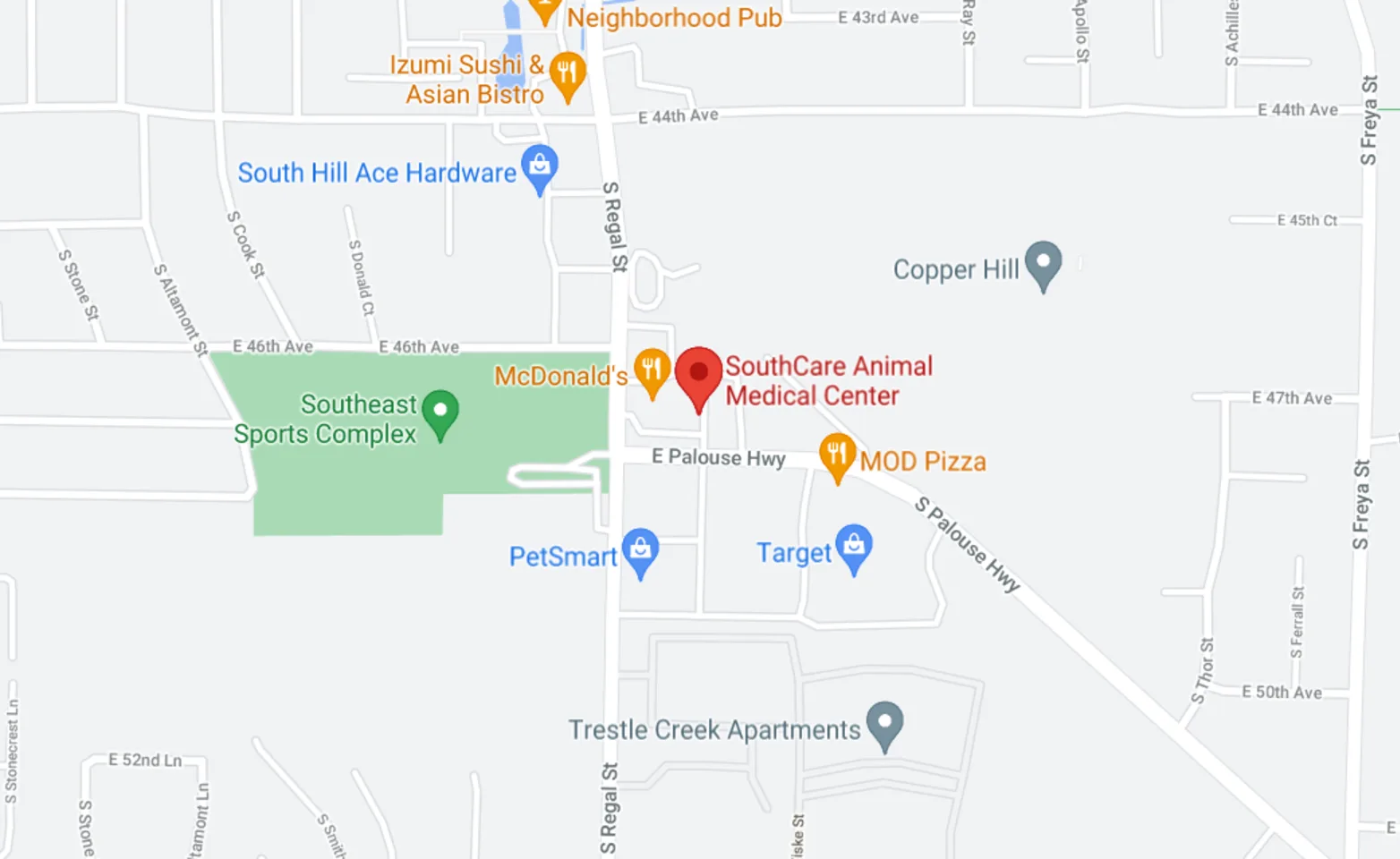 Map of where SouthCare Animal Medical Center is located in Spokane, WA