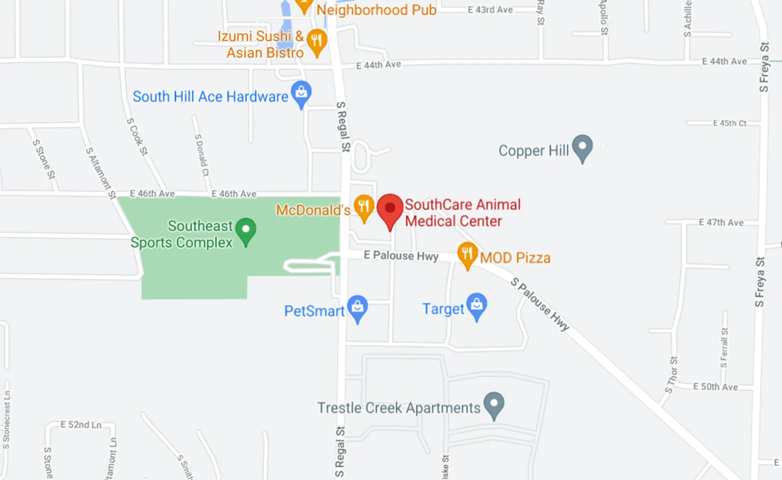 Map of where SouthCare Animal Medical Center is located in Spokane, WA Map of where SouthCare Animal Medical Center is located in Spokane, WA