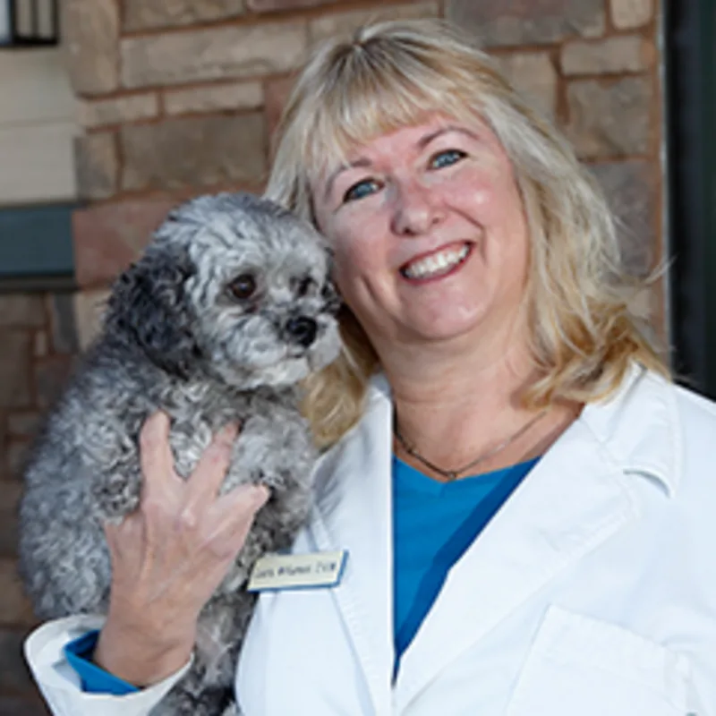 Dr. Laura Williamson holding small dog Dr. Laura Williamson holding small dog