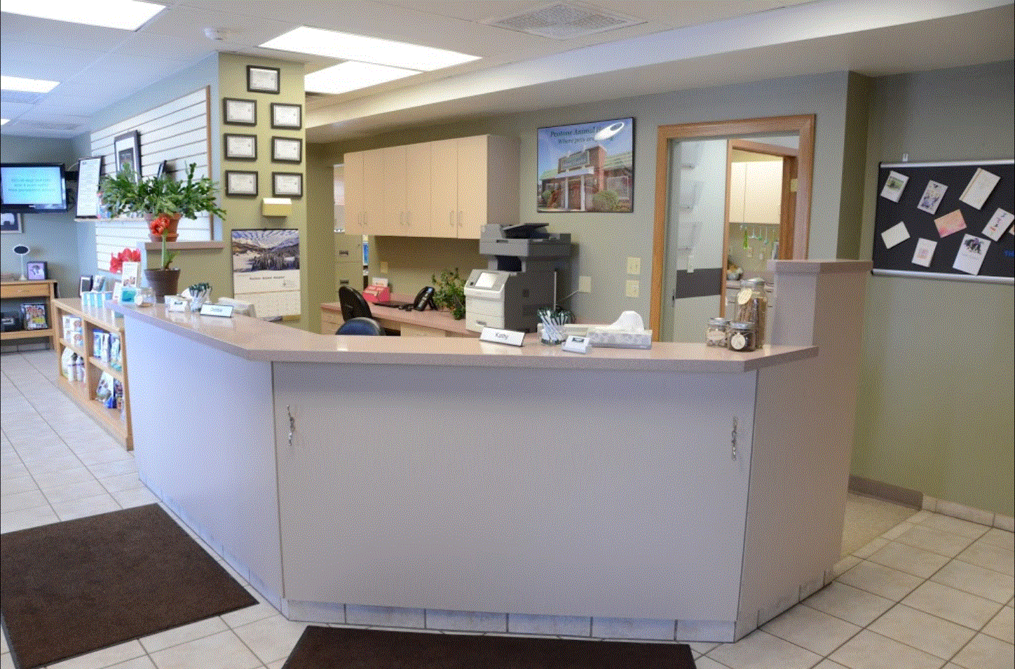 Peotone Animal Hospital Front Desk Area where a staff member will take your information and has a tv in the left side of the room with pet supplies in display