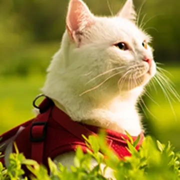 Cat sitting outside with a red harness on Cat sitting outside with a red harness on