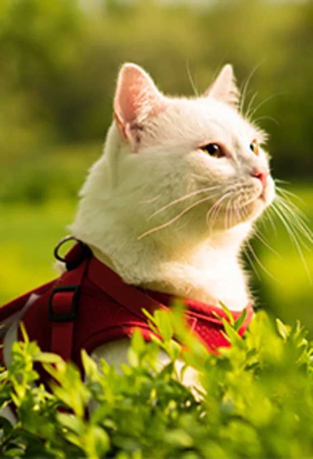 Cat sitting outside with a red harness on Cat sitting outside with a red harness on