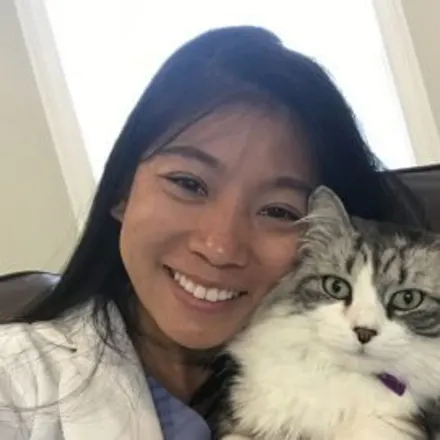 Dr. Jennifer Ma of Veterinary Care Group Little Neck holding a cat