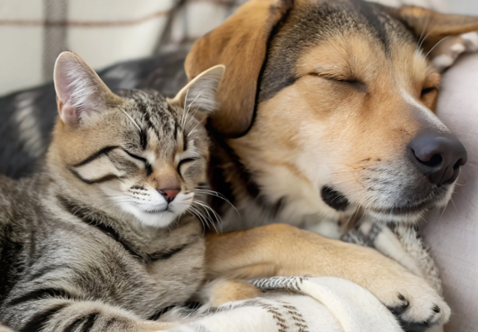 Cat & Dog Sleeping on Couch Together Cat & Dog Sleeping on Couch Together