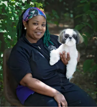 Adrienne with small white dog Adrienne with small white dog