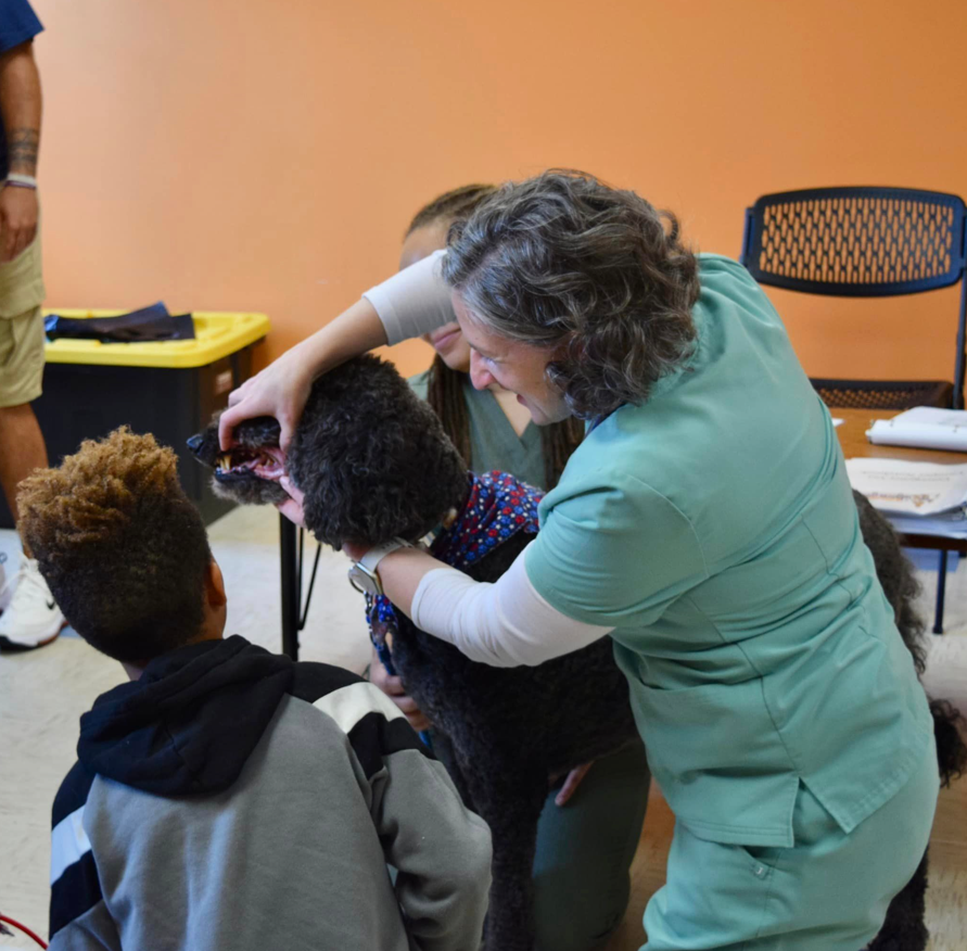 Dr. Grandm showing kids the teeth of a black dog