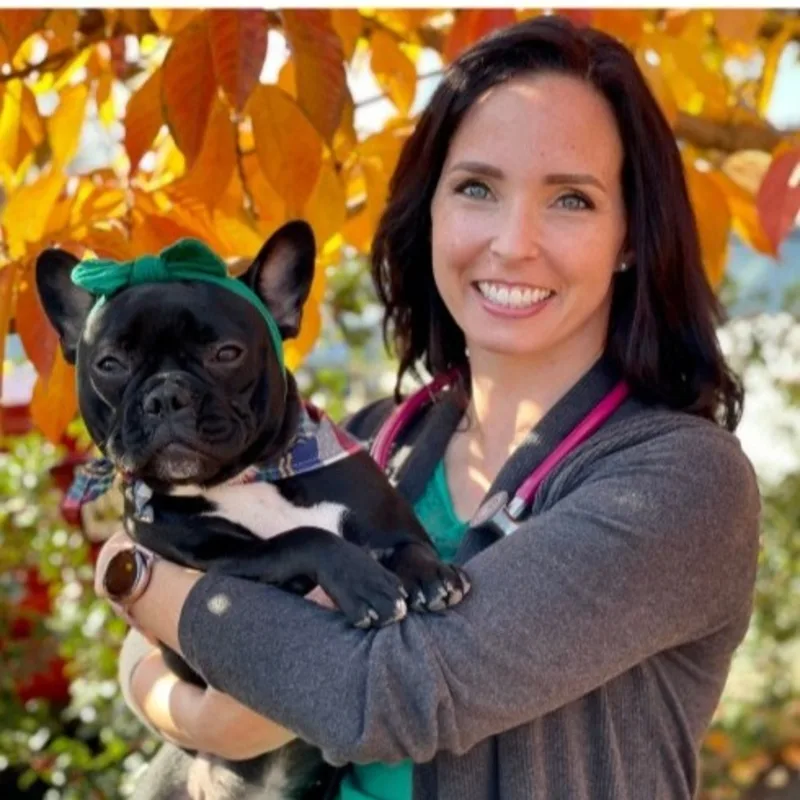 Dr. Shanna Plitt standing in front of a tree while holding a dog Dr. Shanna Plitt standing in front of a tree while holding a dog