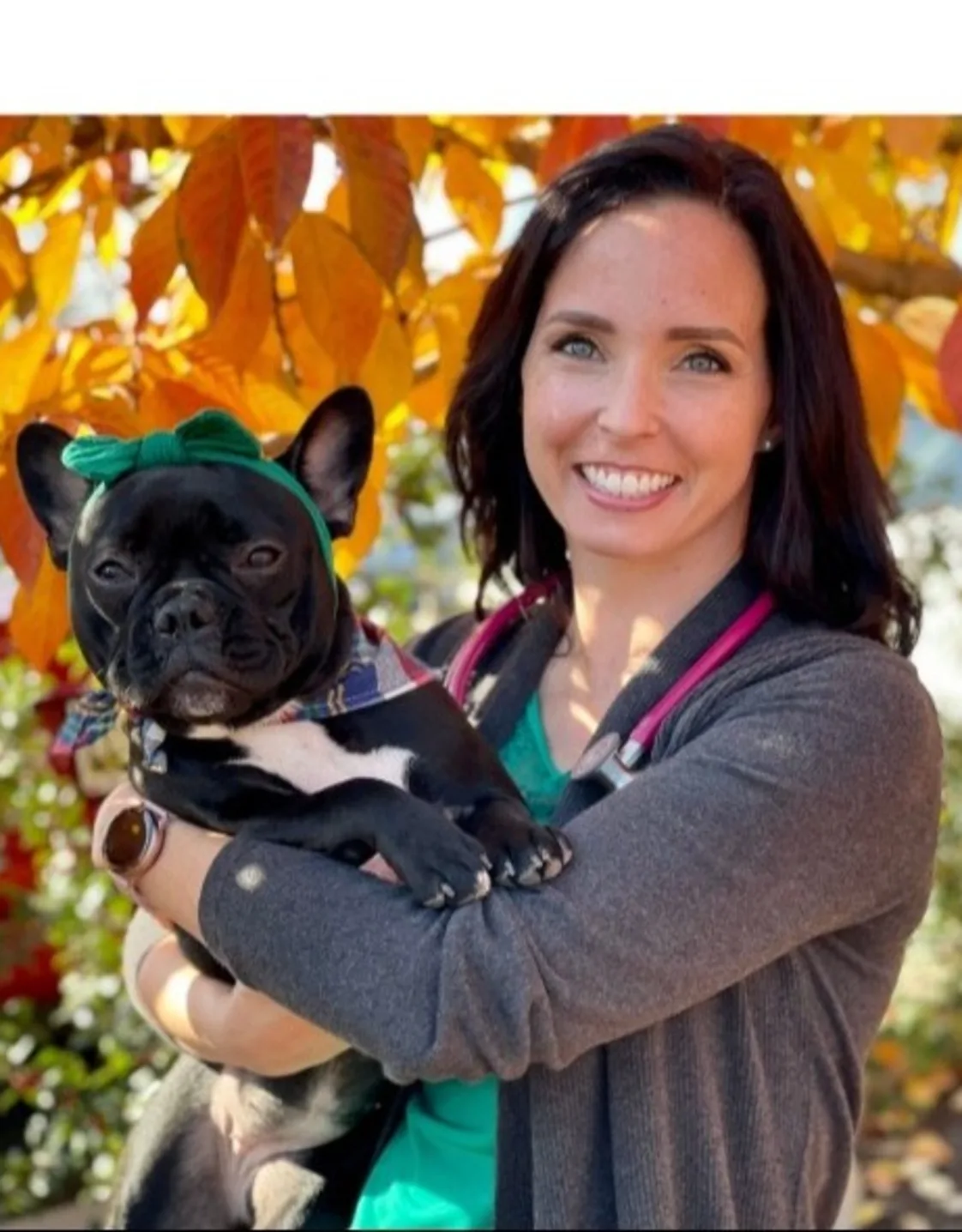 Dr. Shanna Plitt standing in front of a tree while holding a dog Dr. Shanna Plitt standing in front of a tree while holding a dog