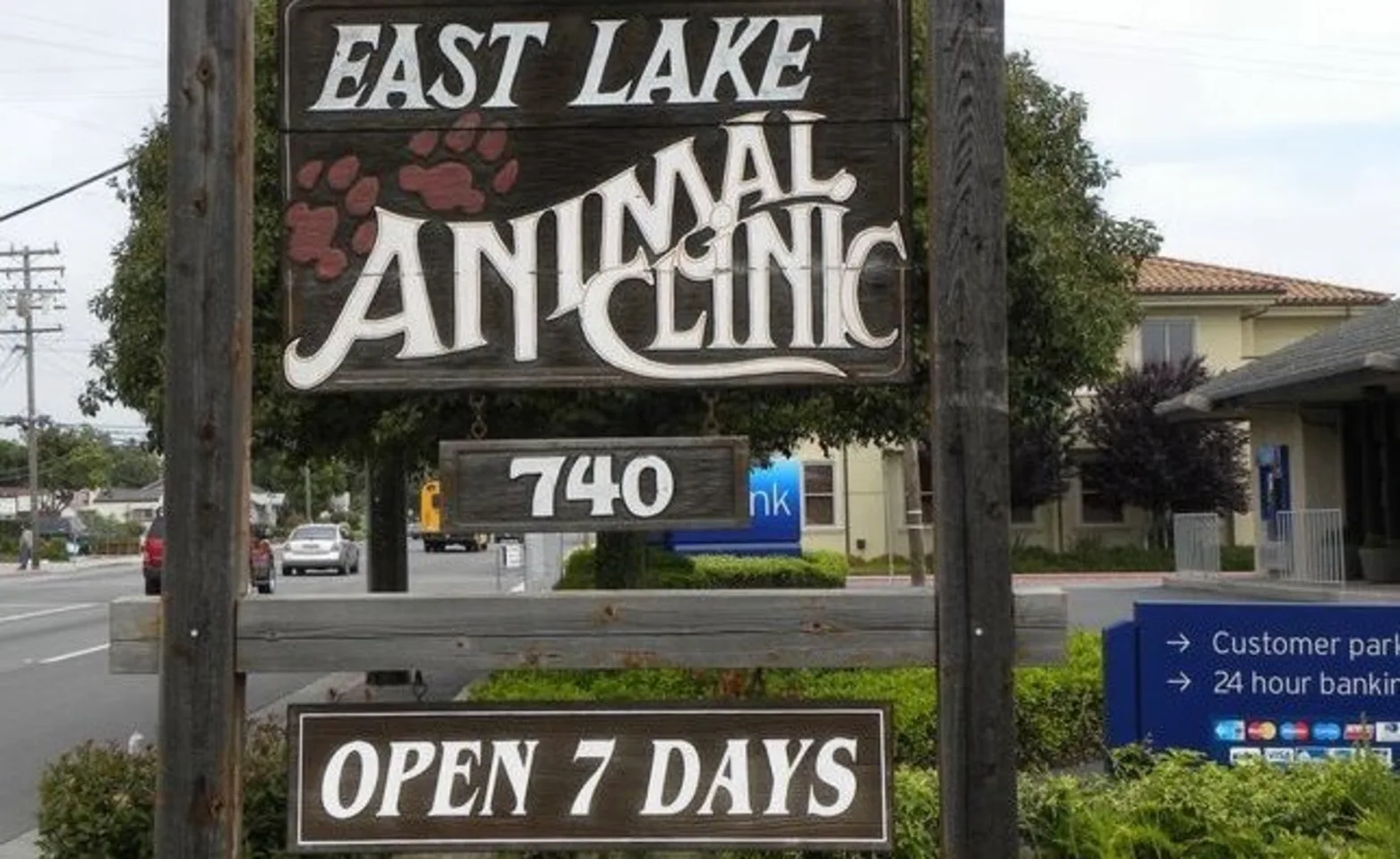East Lake Animal Clinic's front signage of their address and name East Lake Animal Clinic's front signage of their address and name