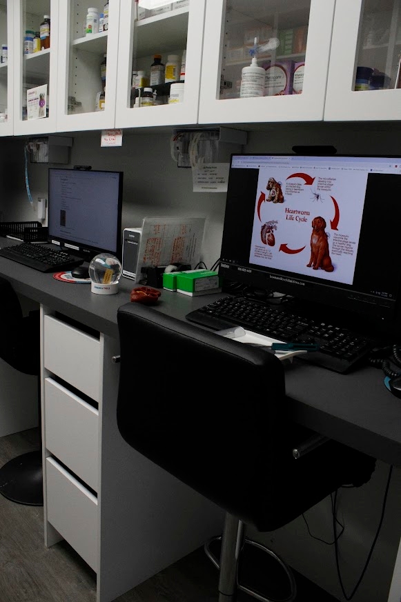 Office desk featuring two monitors.