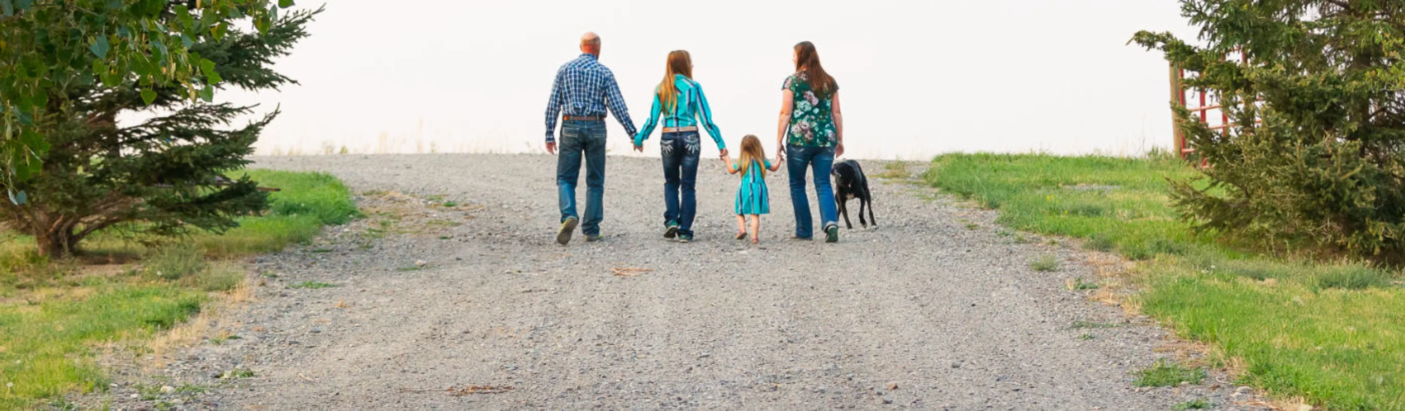 Family of four walking uphill with a dog 