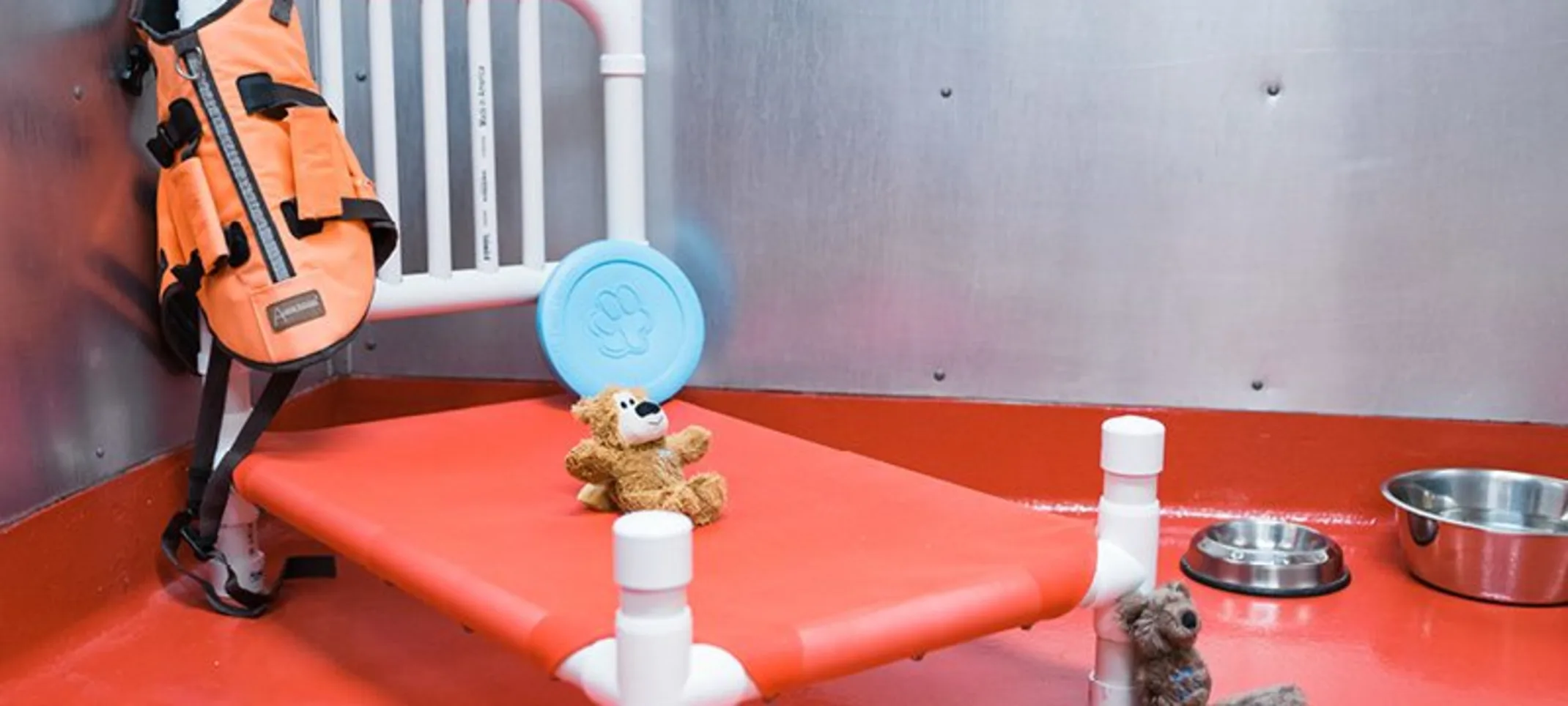Boarding room with dog bed, toys, food and water. Boarding room with dog bed, toys, food and water.