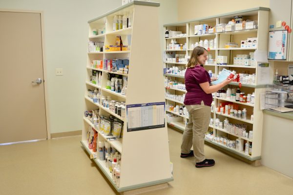 Pharmacy stocked shelves at Companion Animal Hospital