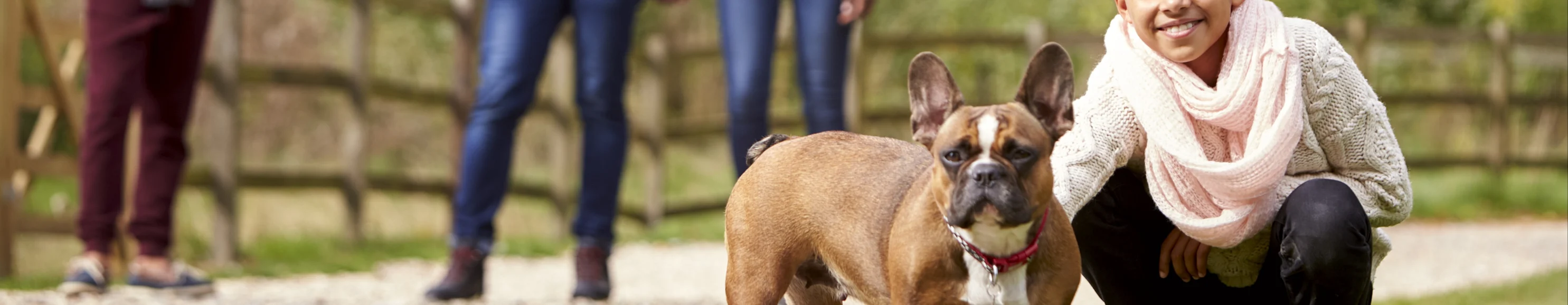 Girl sitting next to her small dog by a hiking trail with her family in the background Girl sitting next to her small dog by a hiking trail with her family in the background