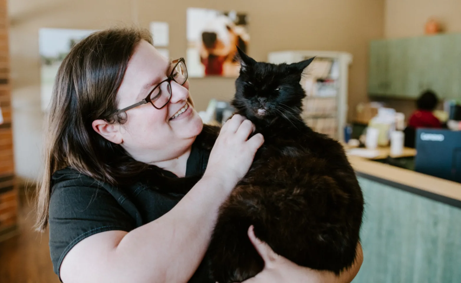 Staff with smiling black cat at Arroyo Vista Veterinary Hospital
