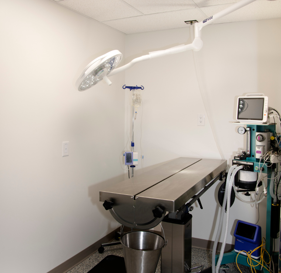 Surgery exam room with large table and monitoring equipment