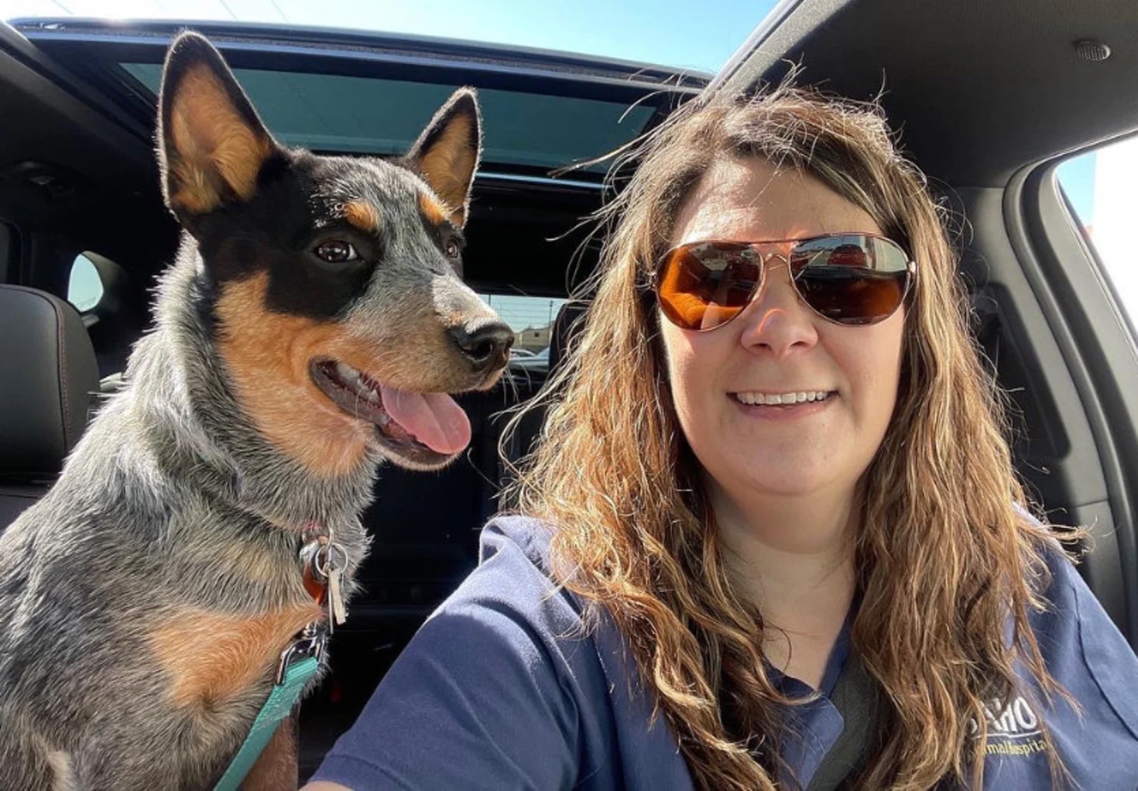 Staff smiling with dog in a car Staff smiling with dog in a car